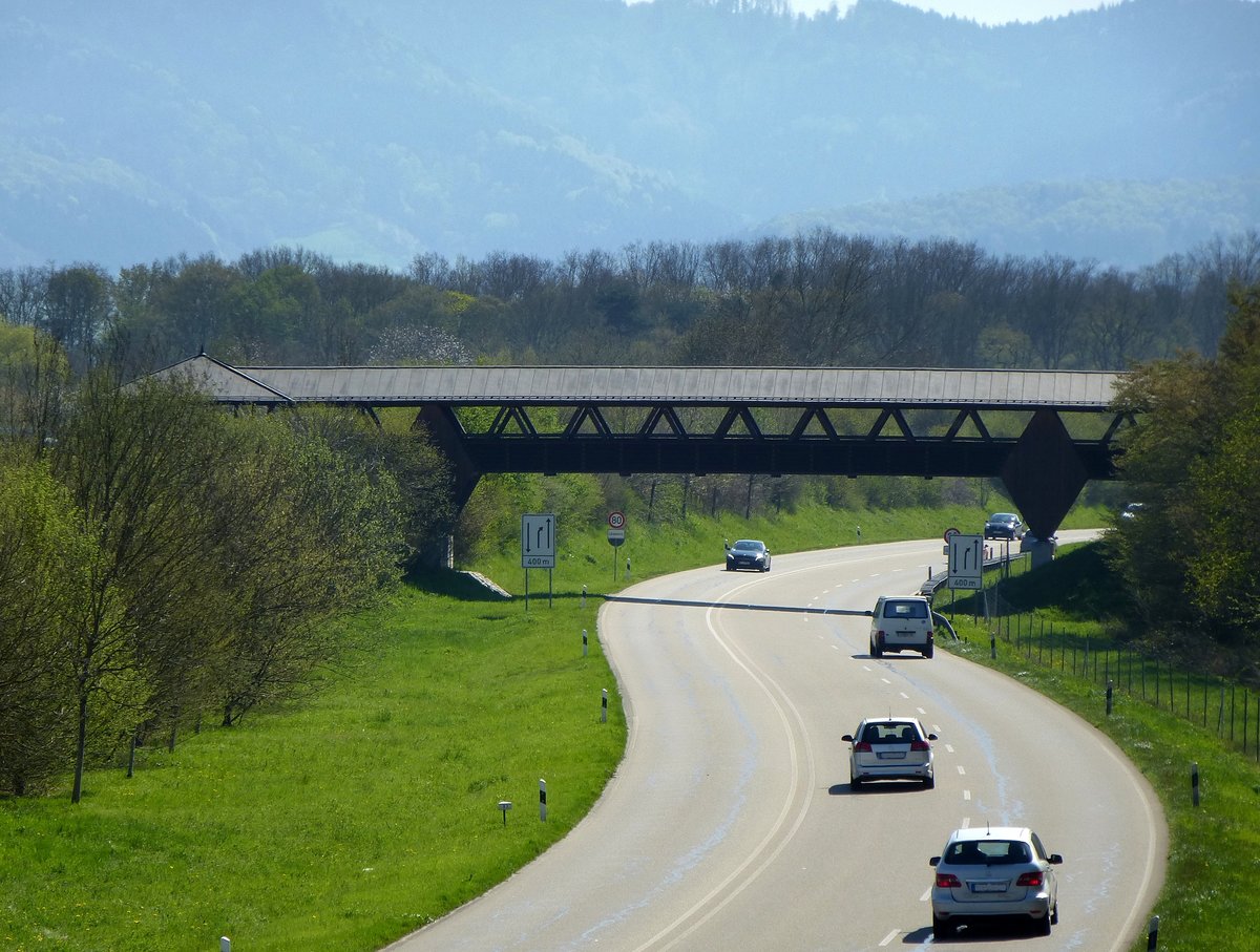 Emmendingen, die gedeckte Fu-und Radwegbrcke berquert seit 2002 die neugebaute Umgehungsstrae der B3 beim Ortsteil Wasser, April 2016