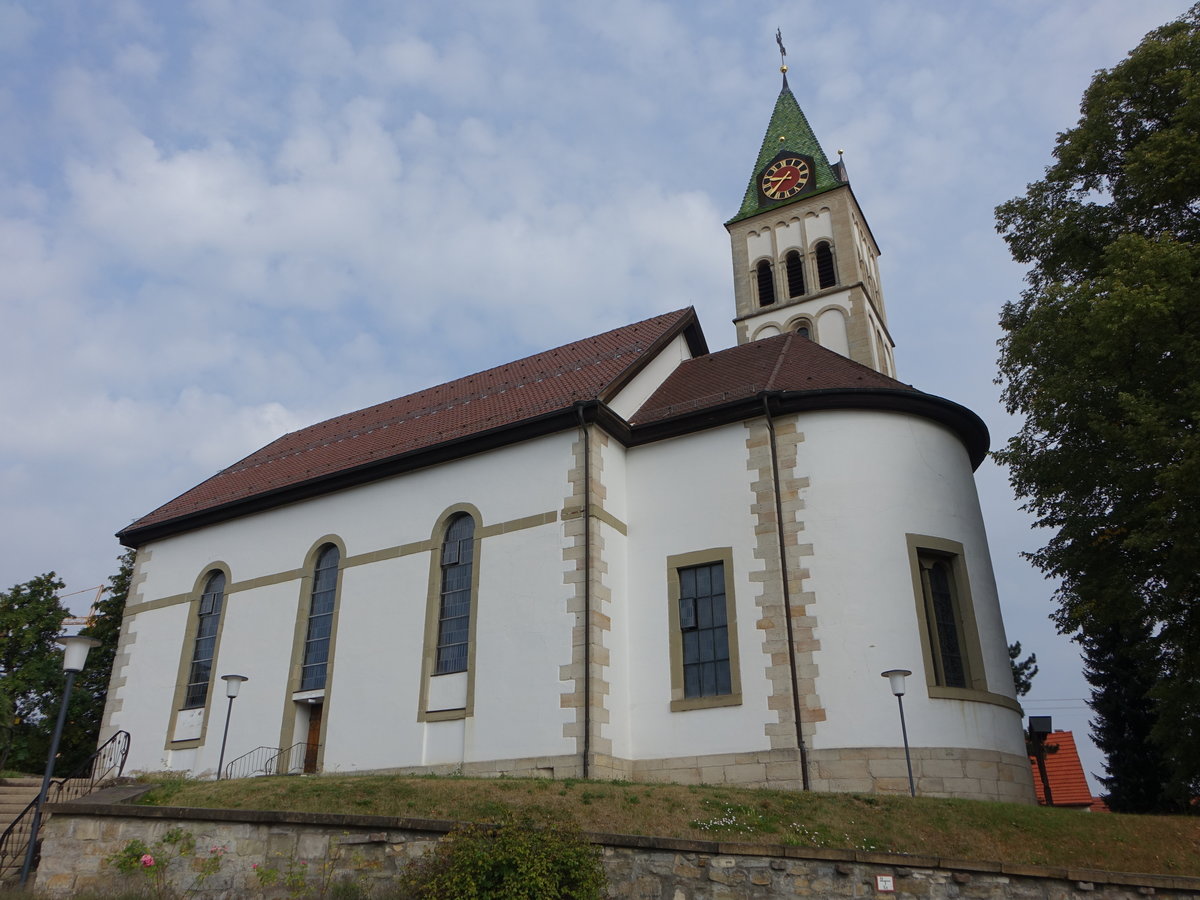 Erlaheim, Pfarrkirche St. Silvester, erbaut von 1827 bis 1828, Kirchturm erbaut 1904 (19.08.2018)