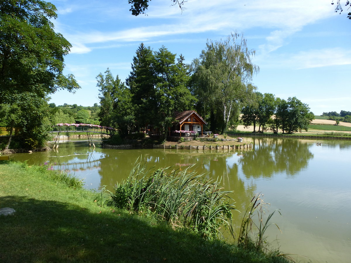 Eschenzweiler, Dorfteich mit Insel und Domizil des Fischhndlers, Juli 2017