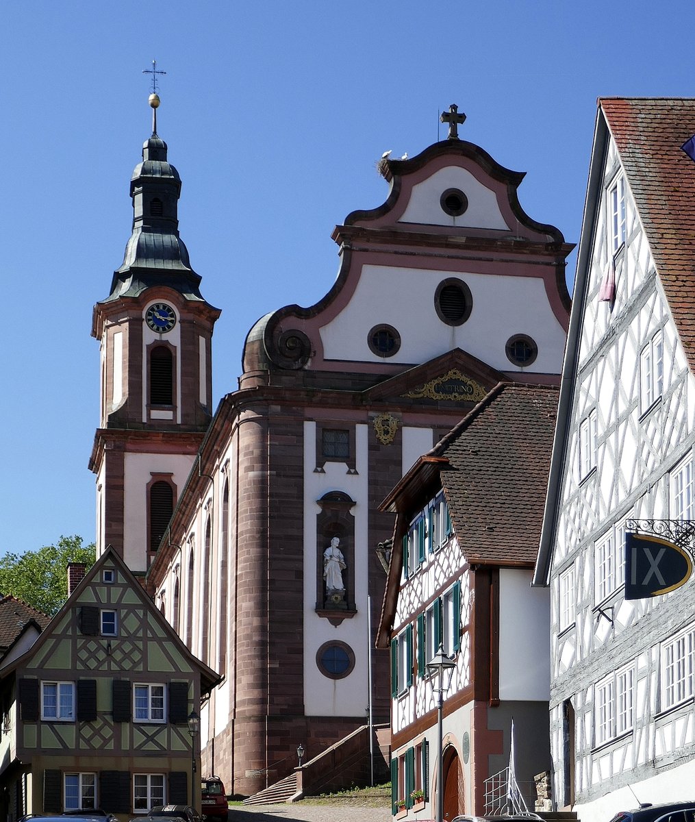 Ettenheim, Blick zur hoch ber der Stadt stehenden katholischen Pfarrkirche St.Bartholomus, der barocke Bau wurde 1782 eingeweiht, Juni 2019