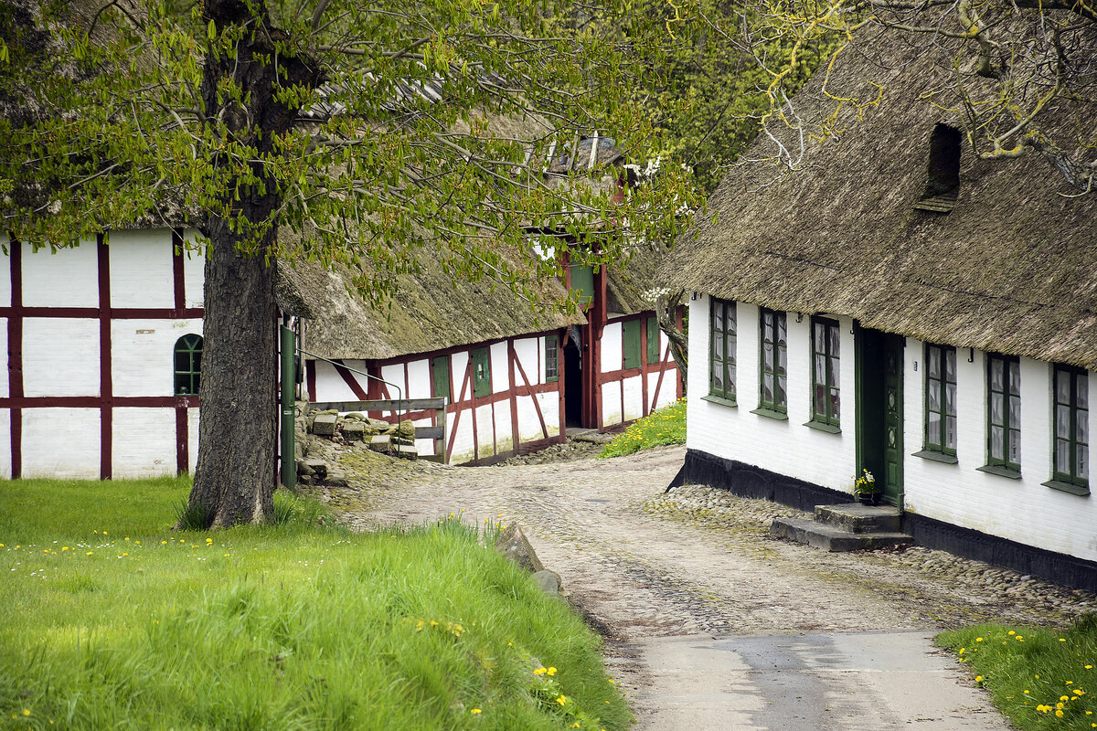 Fachwerkshuser an der Vibk Wasserm~uhle auf der Insel Alsen. Aufnahme: 23. April 2024.