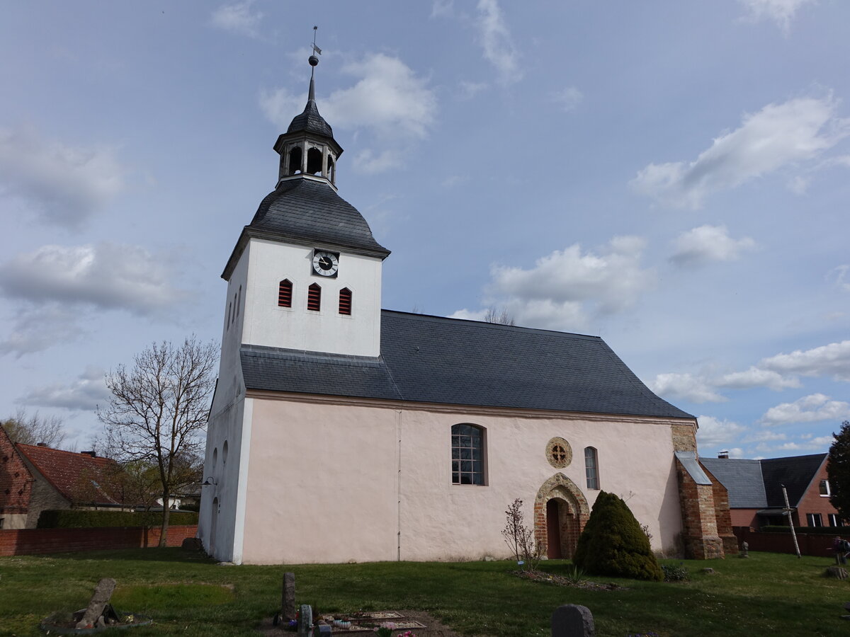 Falkenberg, evangelische Kirche, sp�tgotischer verputzter Feldsteinbau, Dachturm erbaut im 18. Jahrhundert (05.04.2026)