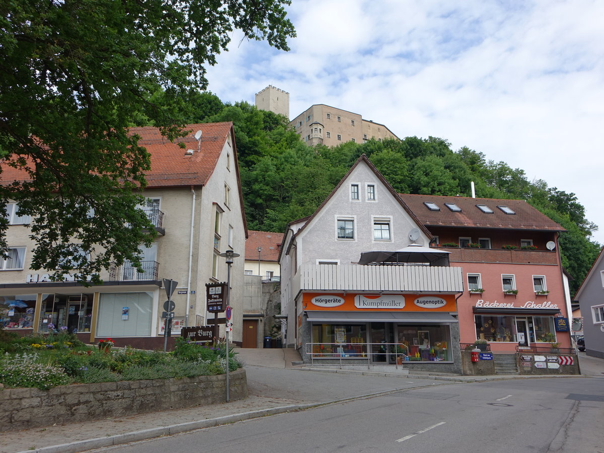 Falkenstein, Gebude am Marktplatz, oben am Berg die Burg aus dem 11. Jahrhundert (05.06.2017)