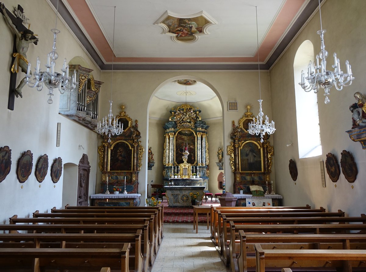 Feldkirch im Breisgau, barocke Altre in der St. Martin Kirche, Hochaltarbild von 1750, Deckenfresken von Johann Burghart (15.08.2016)