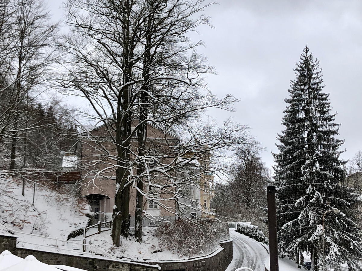 Fensterblick aus dem Hotel auf die Strae Reitenbergerova mit Neuschnee am  28. Februar 2020 in Marienbad.