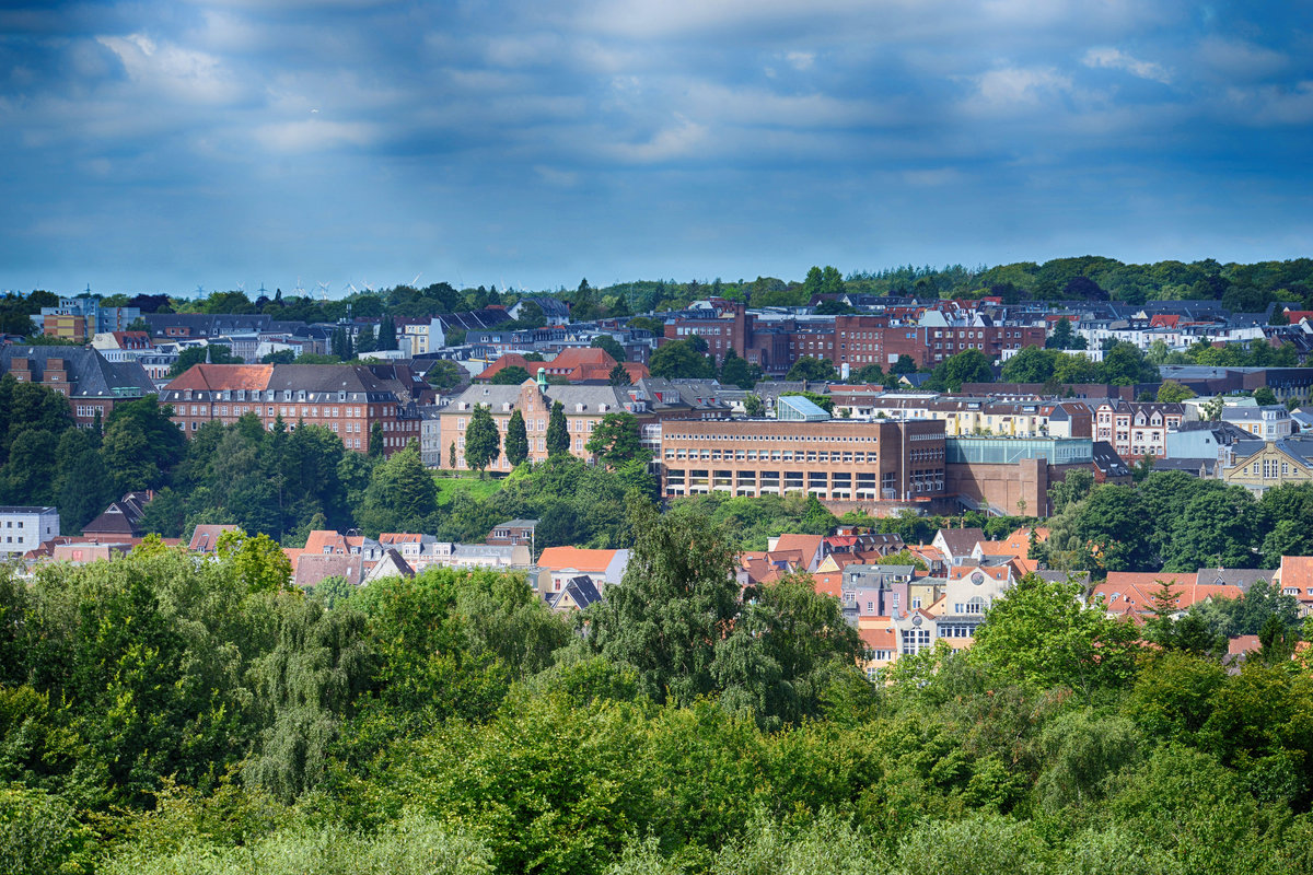 Flensburg - Blick auf Duburg vom Wasserturm im Volkspark. Mitten im Bild ist die Handelslehranstalt Flensburg und das dnische Gymnasium Duborg-Skolen zu sehen. Aufnahme: 31. Juli 2020.