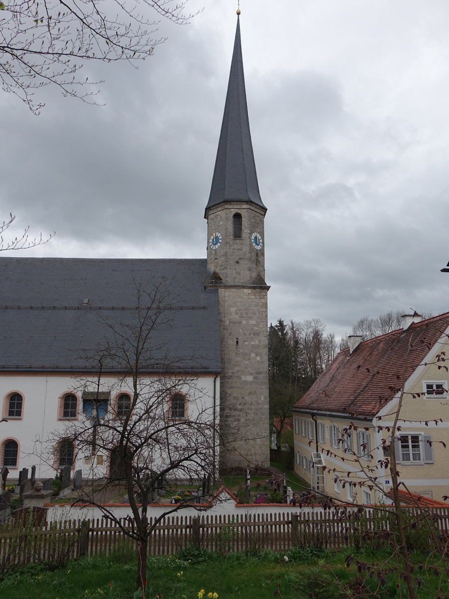 Fching, St. Johannes Kirche, barocker Wandpfeilersaal mit eingezogenem Polygonalchor und Westturm, erbaut von 1664 bis 1671, Turmunterbau sptgotisch, Oberteil barock, Spitzhelm Ende 19. Jahrhundert (17.04.2016)