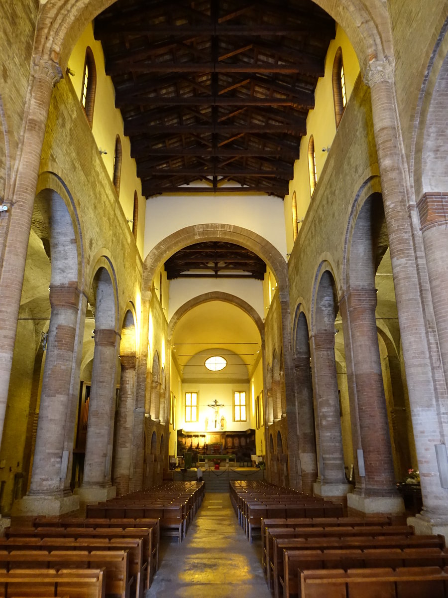 Forli, Innenraum der San Mercuriale Kirche, erbaut bis 1173, venezianischer Langhausboden 14. Jahrhundert (20.09.2019)