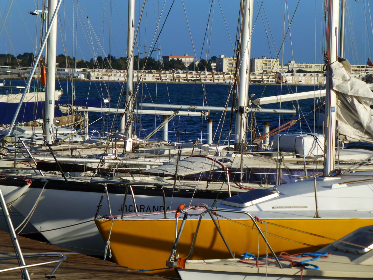 Frankreich, Languedoc, Hrault, Bouzigues am tang de Thau, Blick auf den Hafen und auf Balaruc les Bains im Hintergrund. 06.02.2014