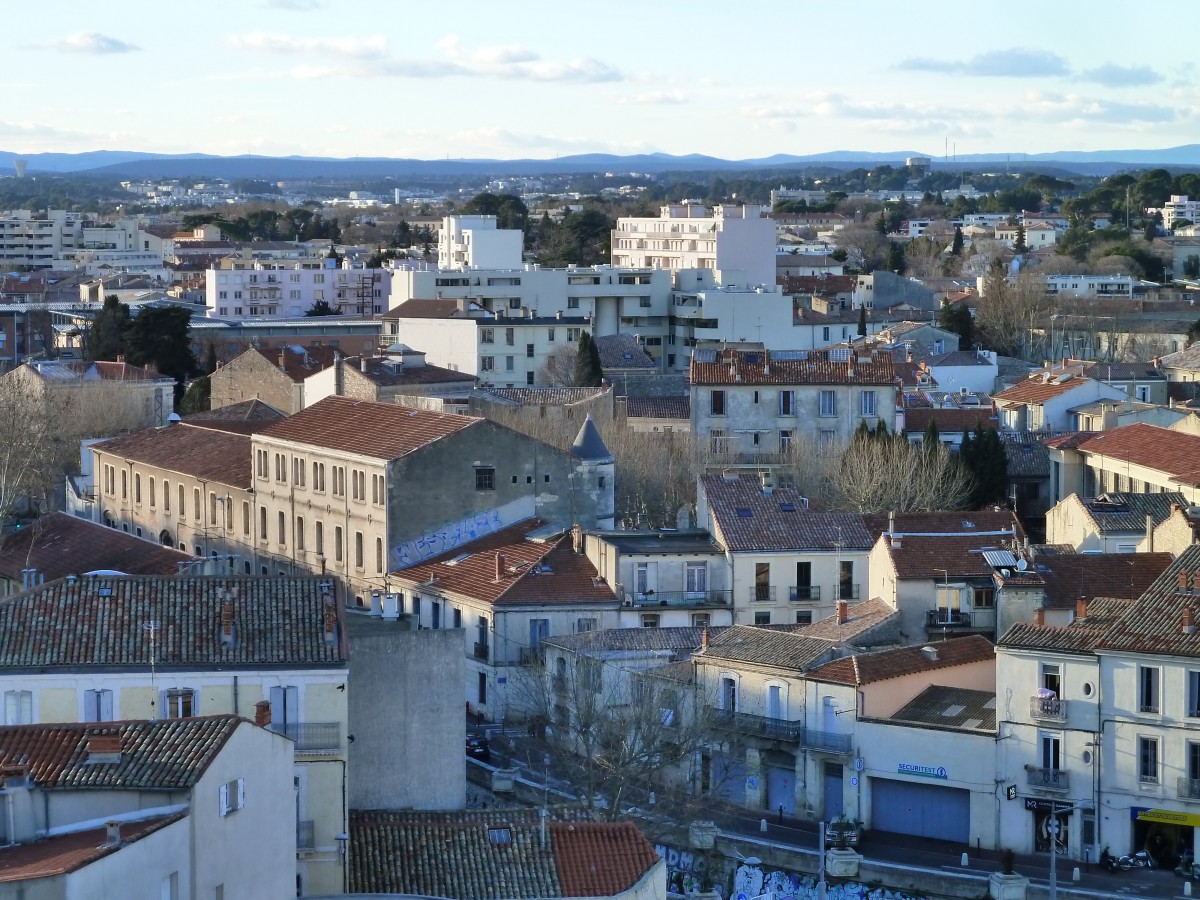 Frankreich, Languedoc, Hrault, Montpellier von der Terrasse auf dem Dach des Kongresszentrums  le Corum  aus gesehen. 01.03.2014