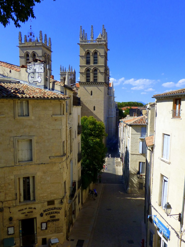 Frankreich, Languedoc-Roussillon, Hrault, Montpellier, Saint-Pierre Strasse und Kathedrale, vom Canourgue Platz aus gesehen, 15.08.2013