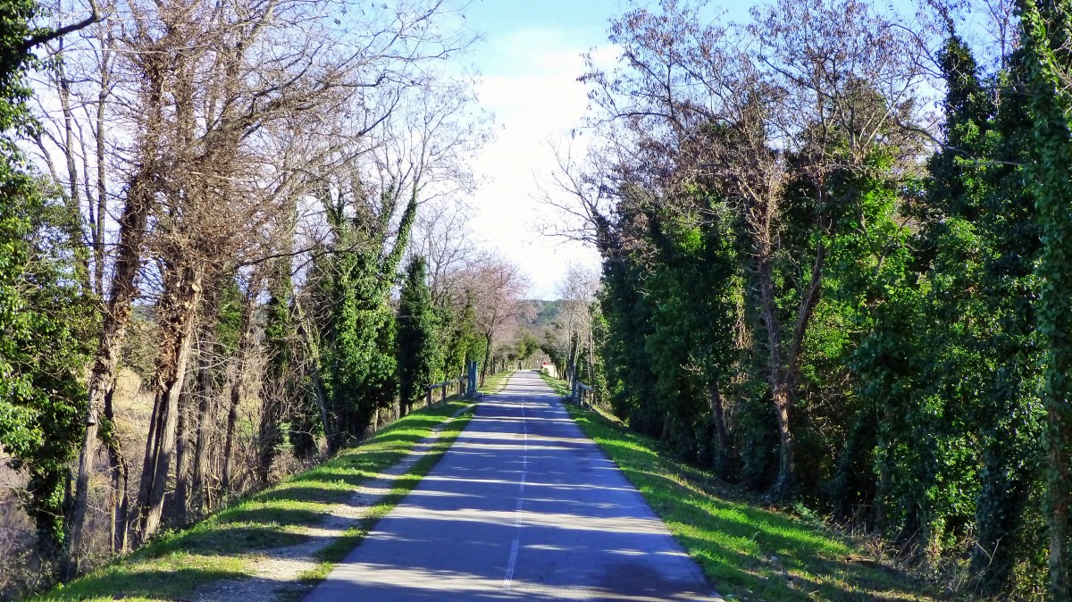 Frankreich, Languedoc-Roussillon, Voie verte de la Vaunage, auch Voie Verte von Caveirac (bei Nmes) nach Sommires genannt auf der ehemaligen Bahntrasse von Nmes nach Sommires. Der Radweg bei Saint Dionisy. 02.02.2014