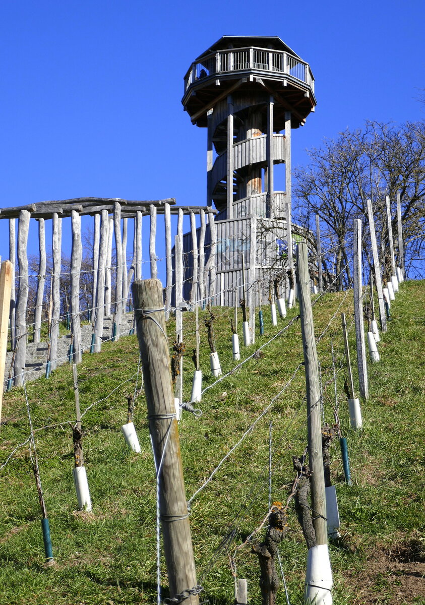 Freiburg-Betzenhausen, der 15m hohe hlzerne Seeparkturm auf dem Rebberg, bietet eine schne Rundumsicht ber den Seepark, dem Gelnde der ehemaligen LGS von 1986, Feb.2023 