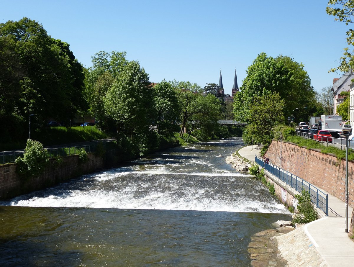 Freiburg, Blick fluabwrts auf die Dreisam von der Greiffeneckbrcke, im Hintergrund die Trme der Johanniskirche, Mai 2017