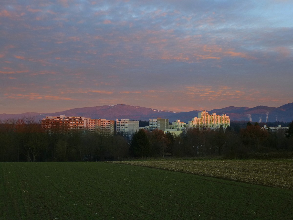 Freiburg, Blick vom Lehener Berg beim Sonnenuntergang auf den Stadtteil Landwasser und den Schwazwald, Dez.2013