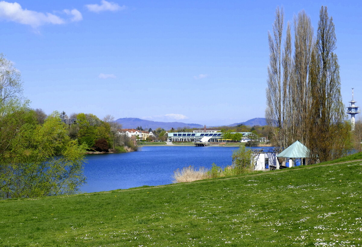 Freiburg, Blick von Osten ber den Seepark, am Horizont der Kaiserstuhl, Mrz 2023