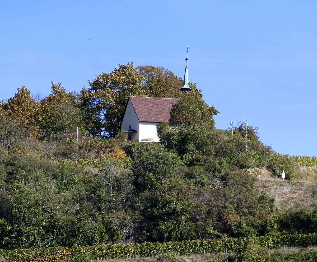 Freiburg-Munzingen, auf dem 271m hohen Kapellenberg am Sdende des Tuniberges steht die 1715-16 neu aufgebaute und eingeweihte Erentrudiskapelle, Okt.2018