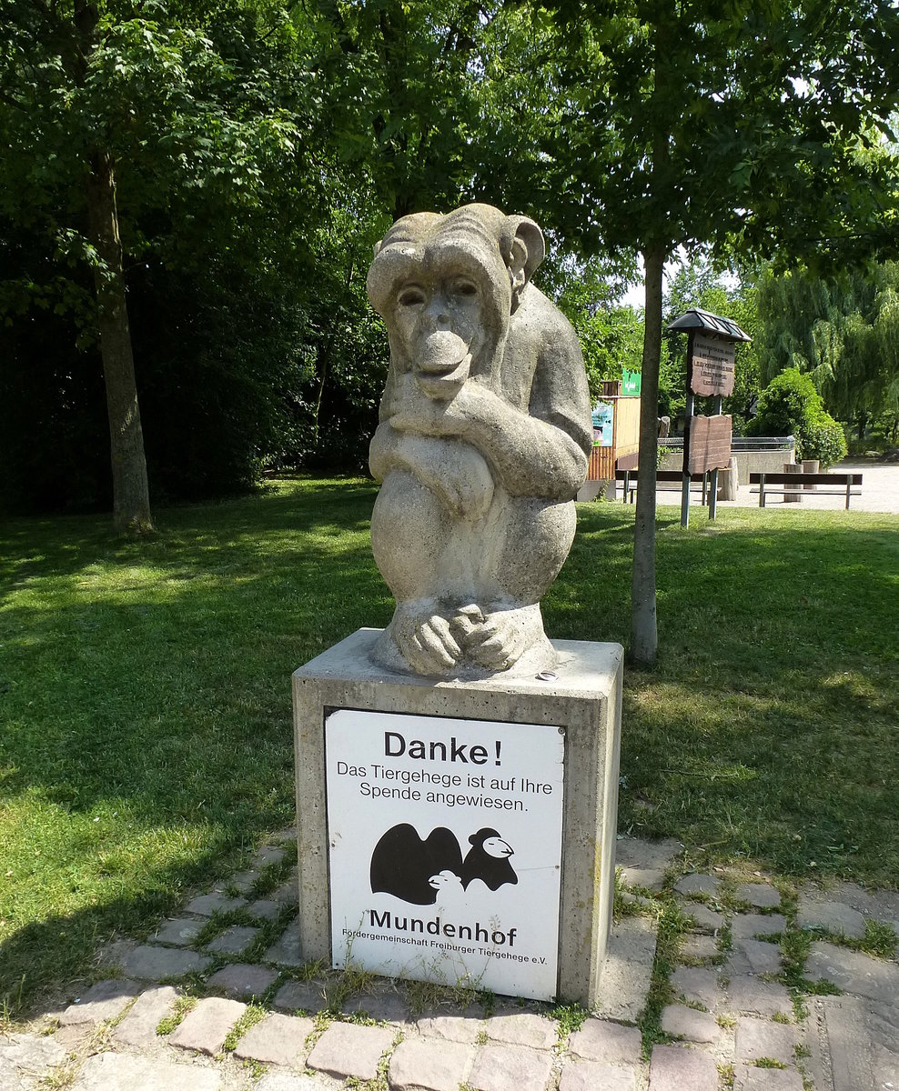 Freiburg, der Stein-Affe steht seit 1972 im Tiergehege Mundenhof, Juni 2014