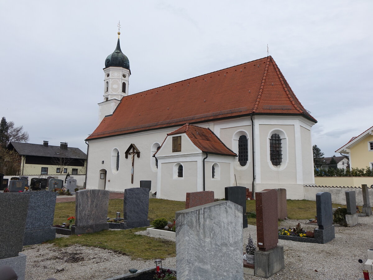 Freimehring, Pfarrkirche St. Andreas, kleiner barockisierter Saalbau mit Polygonalchor und Westturm, erbaut um 1600 (28.02.2016)