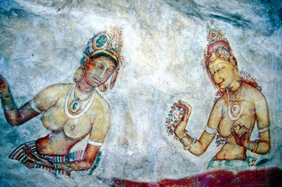 Fresken im Sigirya-Monolith. Bild vom Dia. Aufnahme: Januar 1989.
