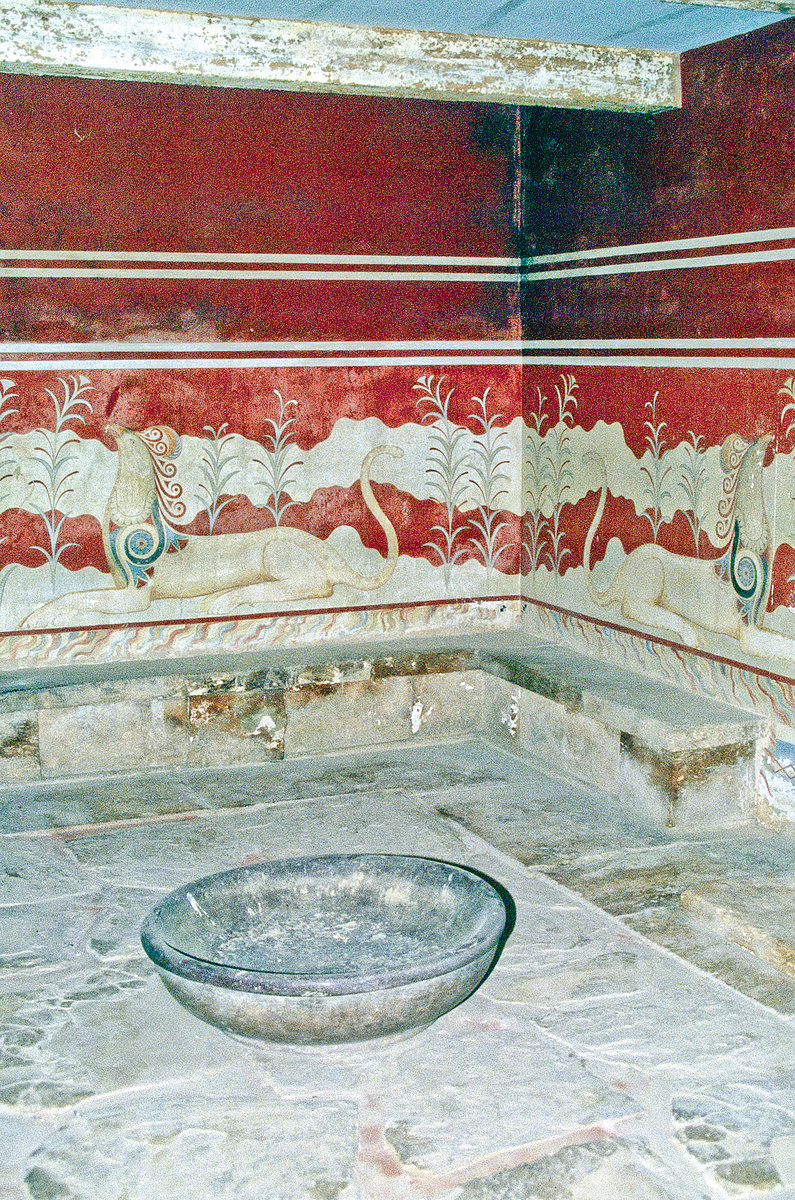 Fresko  an der archologischen Fundsttte Knossos in Kreta. Bild vom Dia. Aufnahme: April 1999.