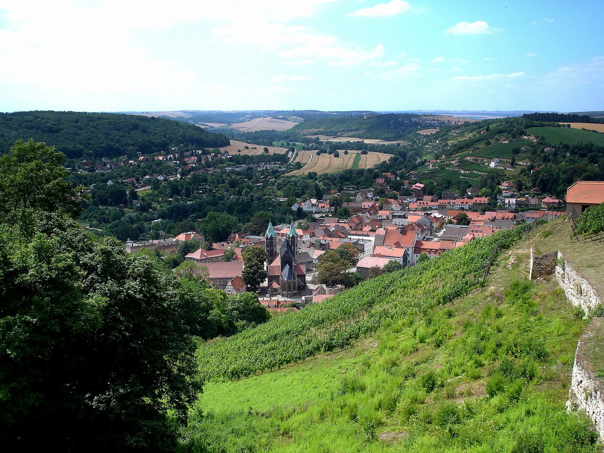 Freyburg an der Unstrut, Blick vom Schlo Neuenburg auf das ca. 5000 Einwohner zhlende Winzerstdchen mit der Marienkirche, der Ort ist das Zentrum des Weinanbaugebietes Saale-Unstrut, Juli 2006