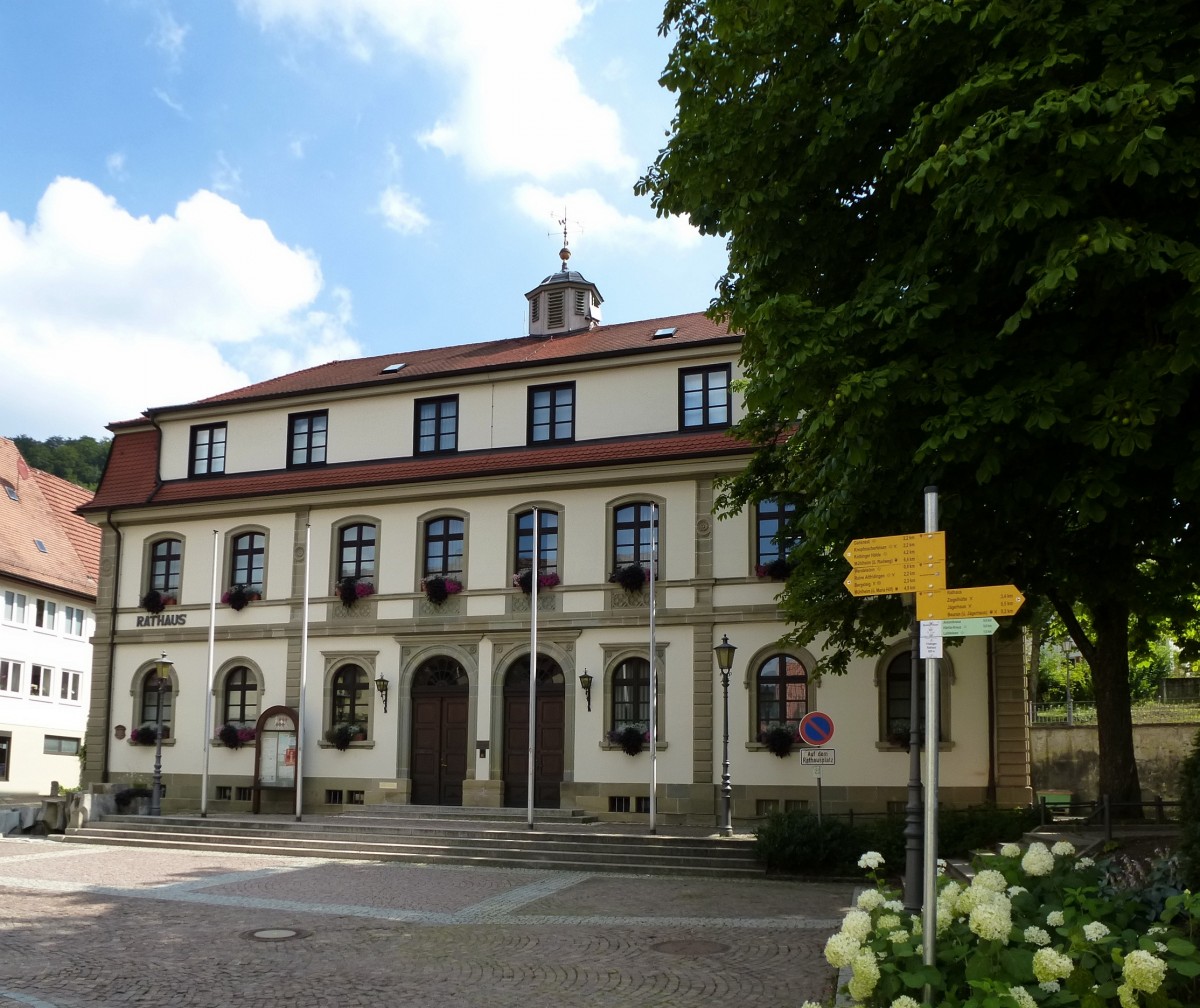 Fridingen an der Donau, das Rathaus von 1876-77, das 3000 Einwohner zhlende Stdtchen liegt mitten im Naturpark Obere Donau, Aug.2013