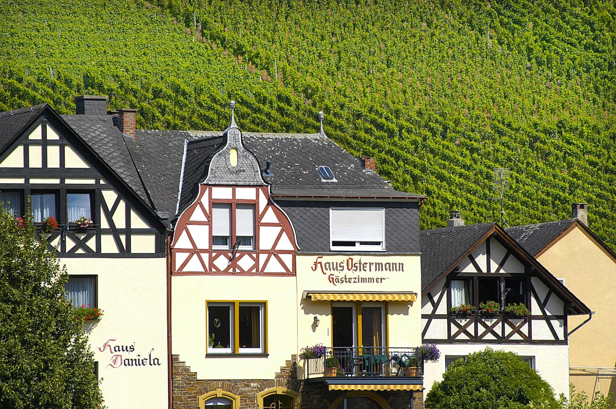 Gstehaus Ostermann an der Uferstrae in Cochem und die Weinfelder im Hintergrund. Aufnahme: Juli 2007.