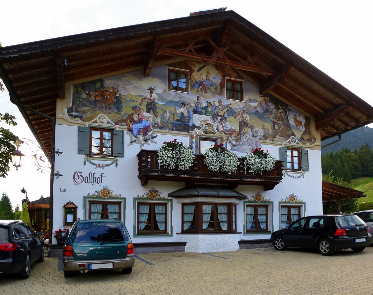 Garmisch-Partenkirchen, Fassadenmalerei am Alpengasthof  Zum Schweizerbartl  im Ortsteil Kaltenbrunn, Sept.2014