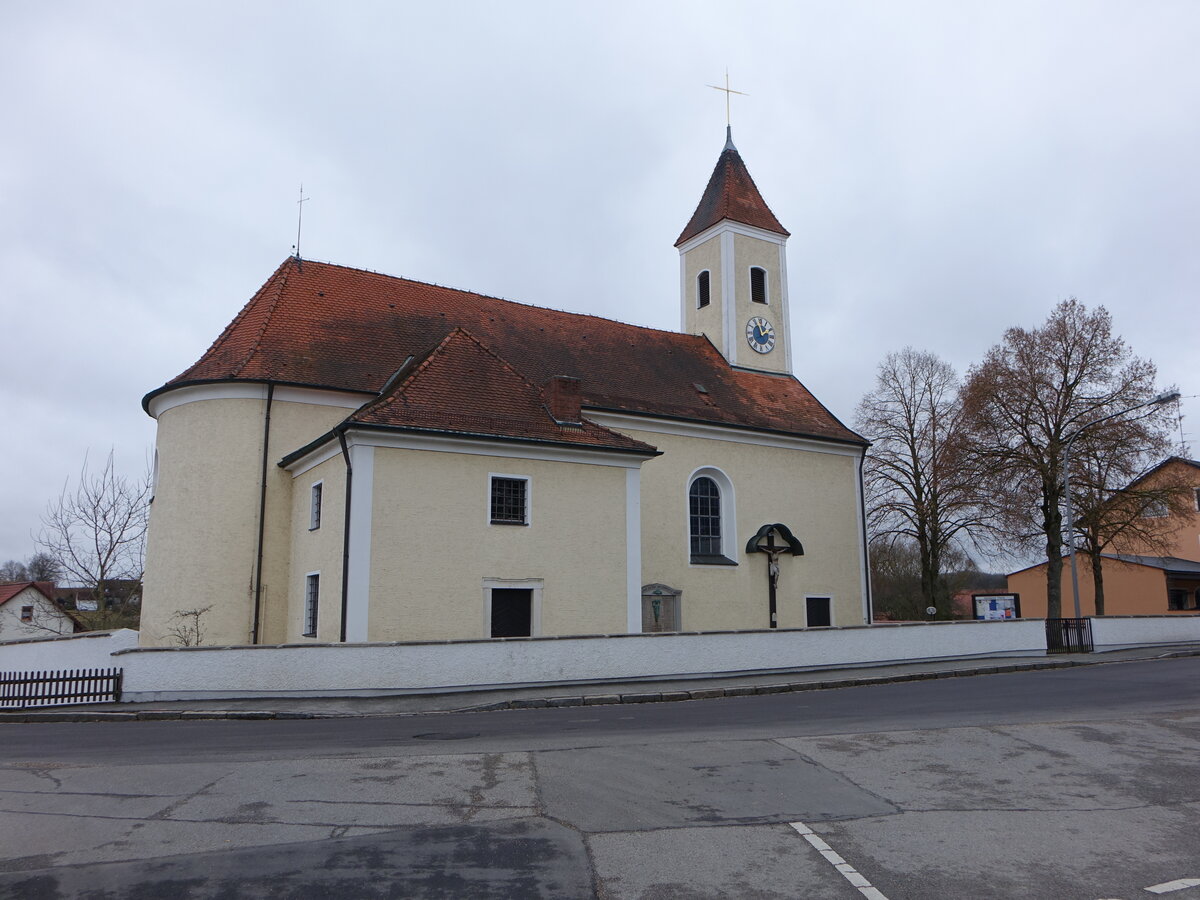 Gebelkofen, Pfarrkirche St. Johannes Baptist, Saalbau mit eingezogenem Chor, erbaut 1792 (28.02.2017)