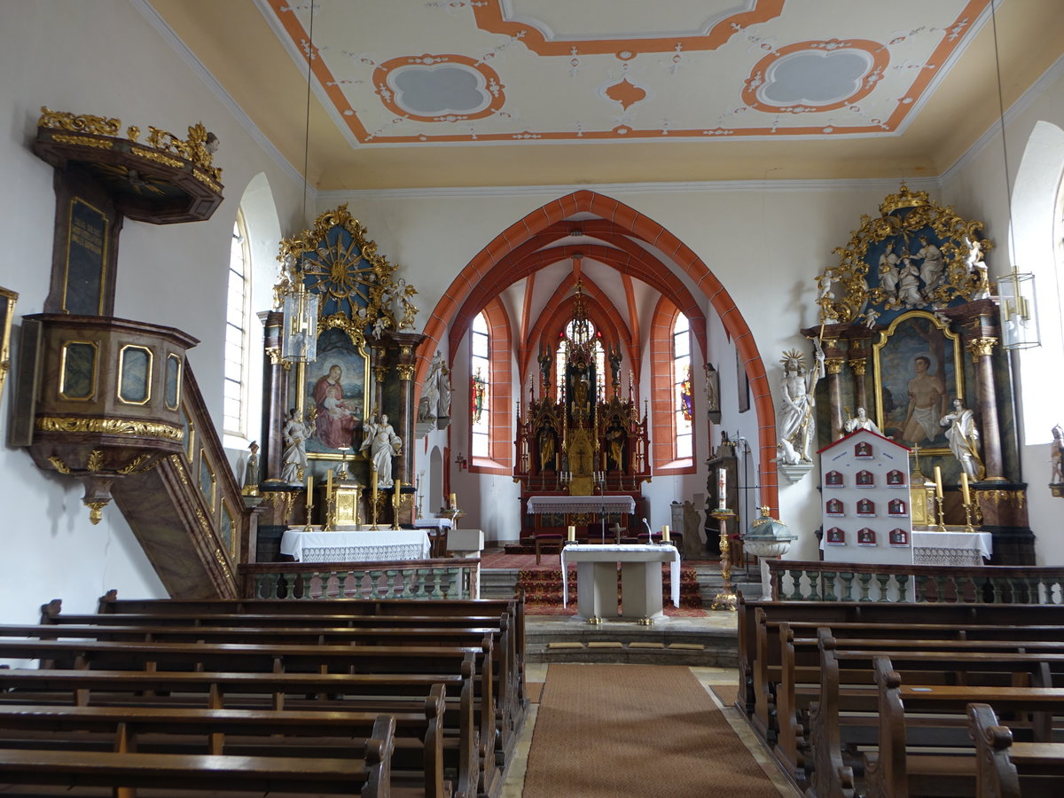 Geiselwind, Altre in der kath. Pfarrkirche St. Burkhard, Altarbltter von J. Bergmann, Hochaltar von 1899, erschaffen vom Wrzburger Knstler Ludwig Zink (11.03.2018)