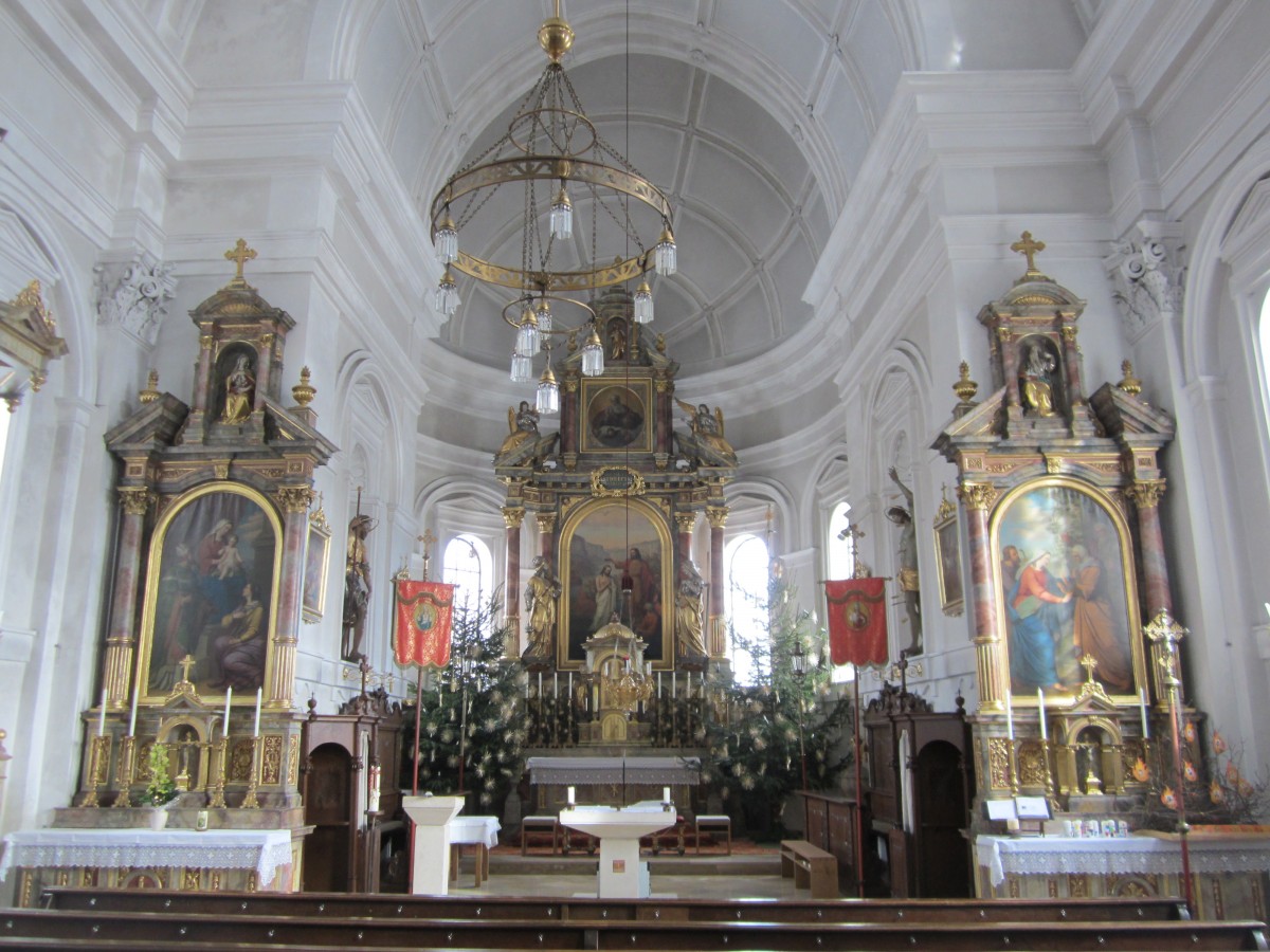 Gennach, Pfarrkirche St. Johannes, Altre von Wolfgang Ebner von 1616, Altarblatt des Choraltars von Bartholomus van Esch, Kirchengesthl von Jakob Mller (01.02.2014)