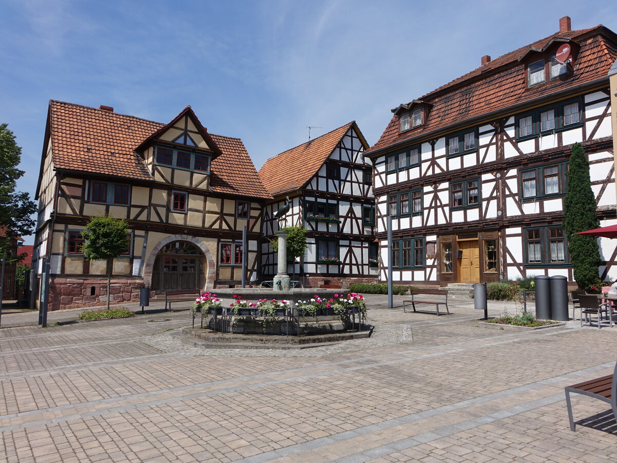 Gerstungen, Brunnen und Fachwerkhuser am Markt (03.06.2022)