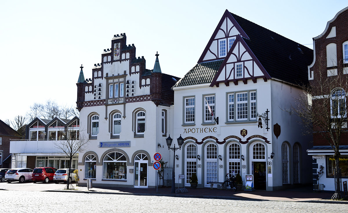 Giebelhuser am Markt in Tnning auf der Halbinsel Eiderstedt. Aufnahme: 31. Mrz 2020.