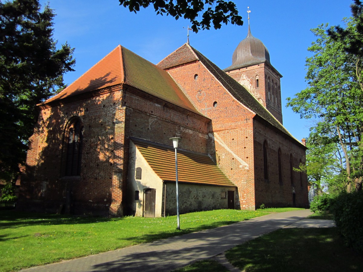 Gingst, St. Jacob Kirche, Chor, erbaut ab 1300, dreischiffige Kirchenschiff um 1400,
Kirchturm Mitte 15. Jahrhundert (20.05.2012) 