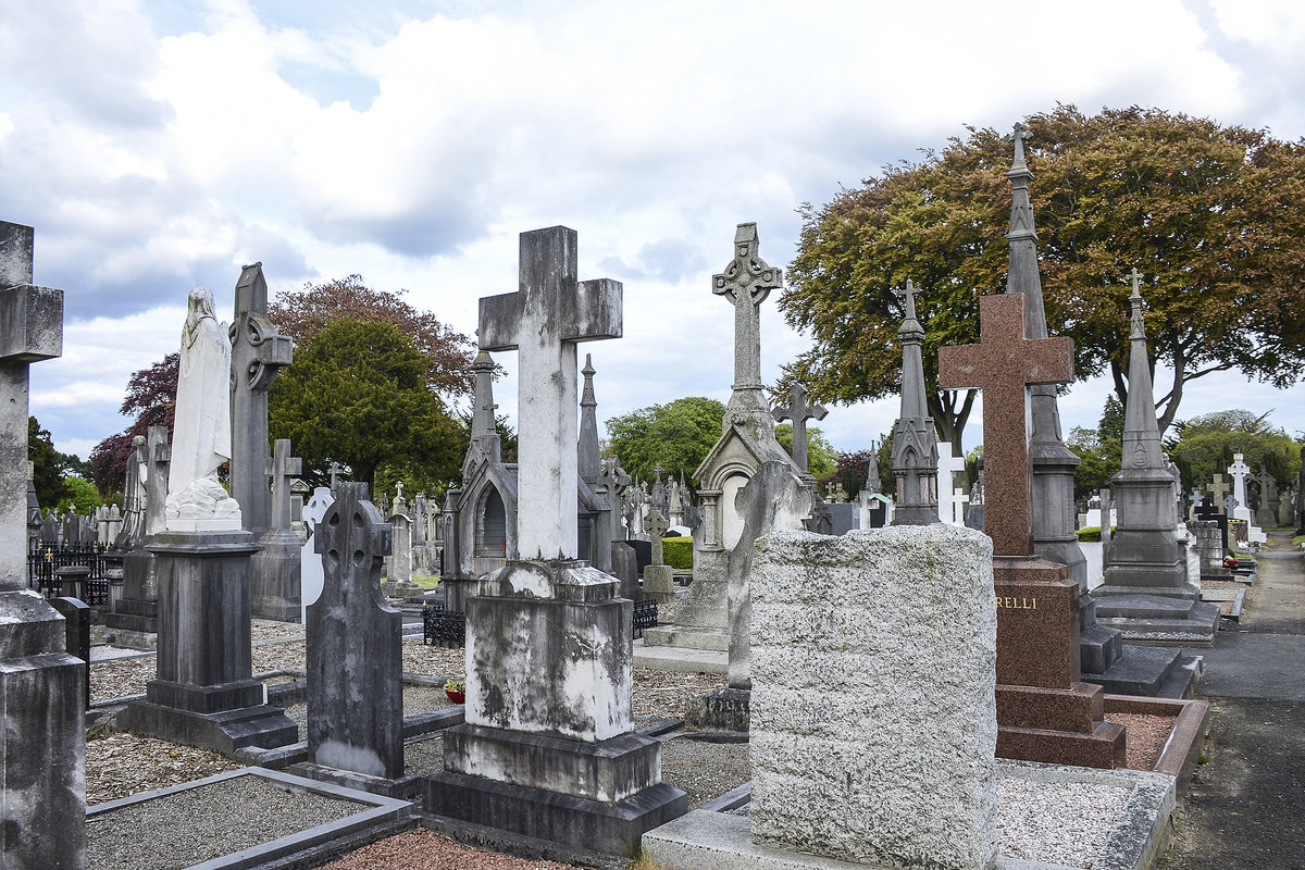 Glasnevin ist der grte Friedhof Irlands, er ist etwa 50 ha gro. 1,5 Millionen Iren wurden hier beigesetzt, das sind mehr Menschen, als heute in Dublin leben. Darunter auch viele bekannte Iren und Helden: der Freiheitskmpfer und Politiker Daniel O’Connell, der Politiker Charles Stewart Parnell, der Mitbegrnder der IRA Michael Collins, der ehemalige Premierminister und Prsident der Republik amon de Valera oder der Snger der Dubliners Luke Kelly.
Aufnahme: 11. Mai 2018.