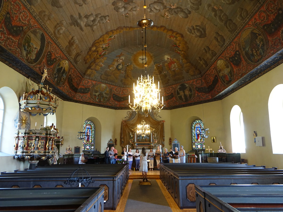 Glava, Ev. Kirche, Deckengemlde von Hans Georg Schffner, Kanzel von 1738, hergestellt von Isak Schulstrm (30.05.2018)