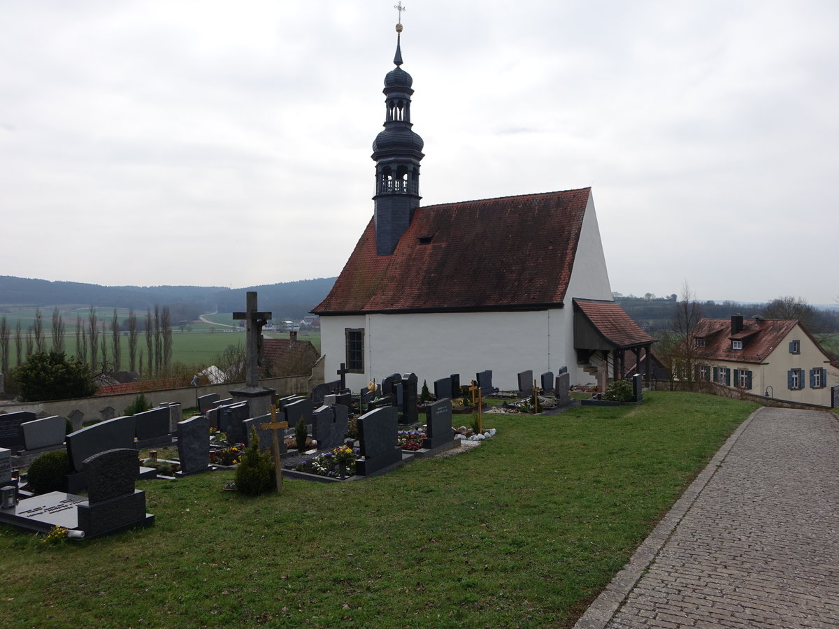 Gleusdorf, kath. Filialkirche Maria Geburt, Chor von 1663, Langhaus erbaut von 1736 bis 1737 (09.04.2018)