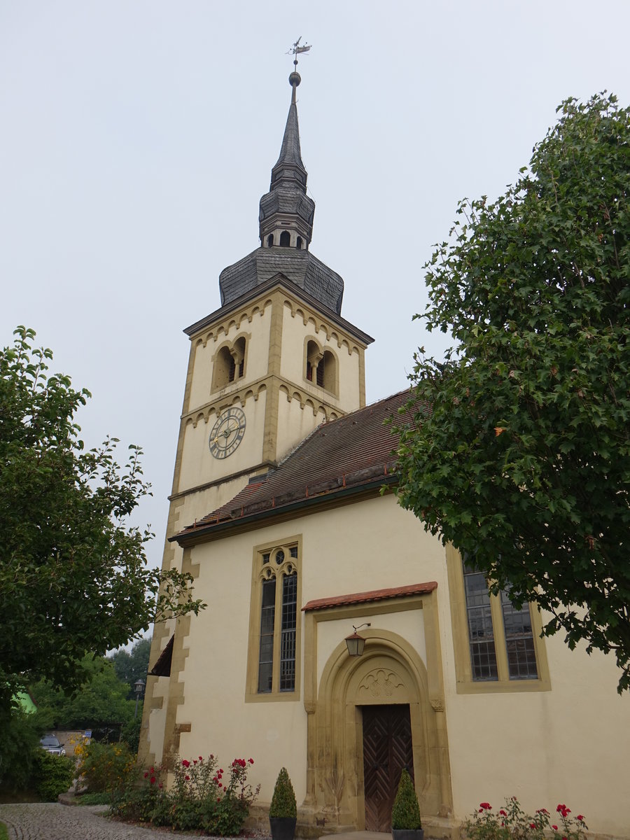 Gntzheim, ev. luth. Pfarrkirche St. Johannes, Saalbau mit eingezogenem Rechteckchor und Westturm, erbaut ab 1480 (27.08.2017)