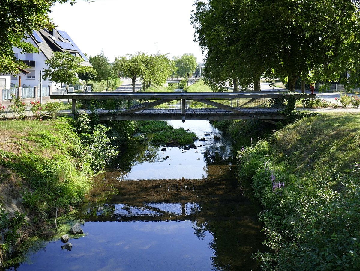 Gottenheim, die Fu-und Radwegbrcke berquert auf der 1994 errichteten Brcke den Brandbach, Aug.2020