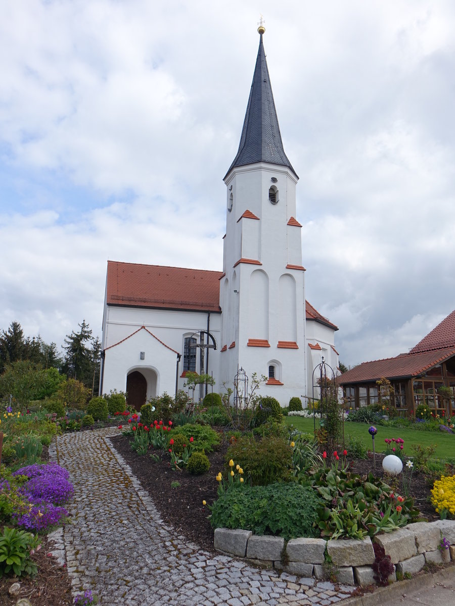 Graflkofen, katholische Filialkirche St. Maria Magdalena, sptgotische Saalkirche mit Sdturm, barockisiert 1690 (23.04.2017)