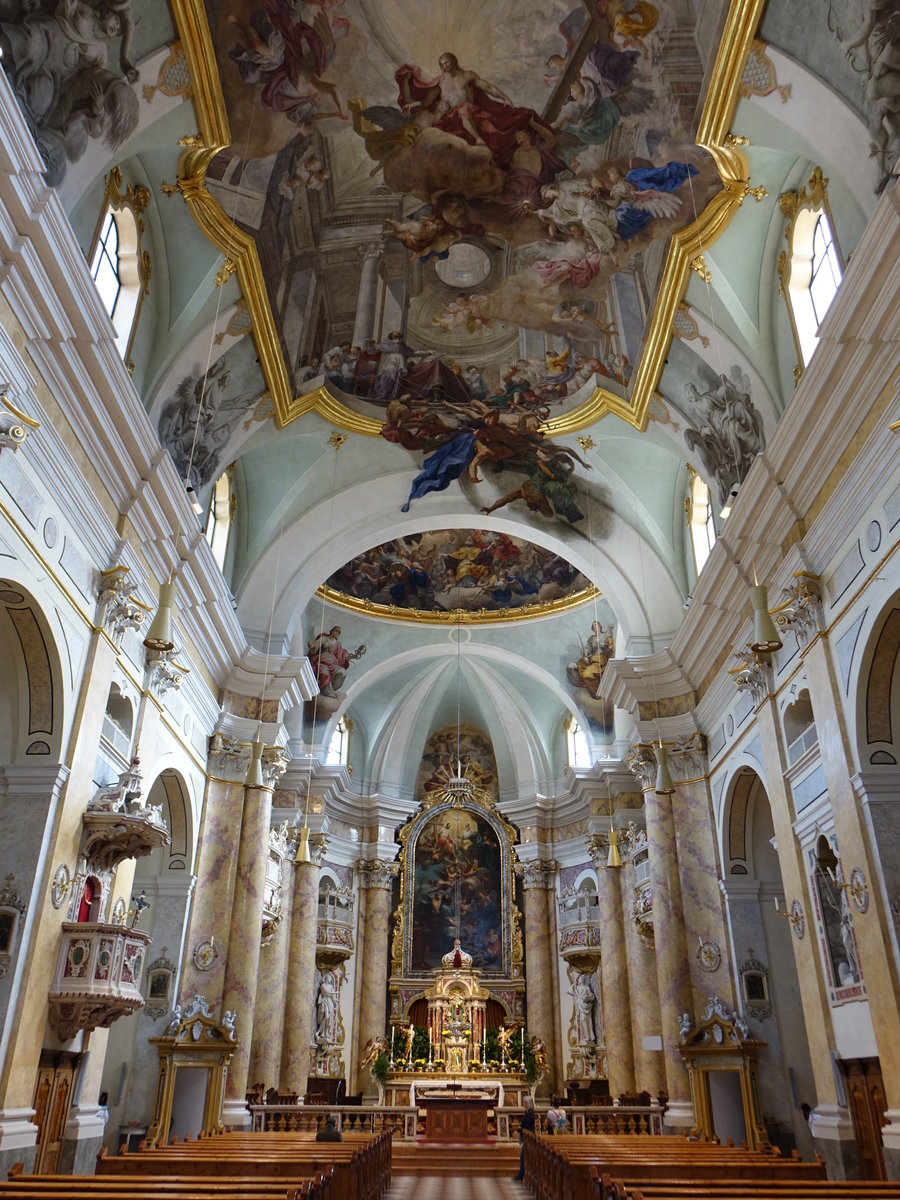 Gries, barocker Innenraum der Stiftskirche St. Augustinus, Altre von Andrea Filippini, Altarbilder und Deckenfresken von Martin Knoller (15.09.2019)