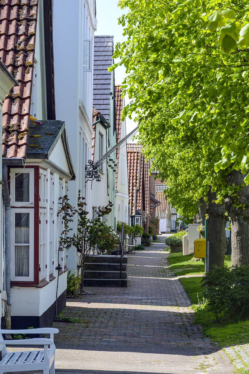 Huser an der Langen Strae in Arnis an der Schlei. Arnis wurde 1667 von 65 Familien aus dem nahegelegenen Ort Kappeln auf der damaligen unbewohnten Insel in der Schlei gegrndet. Dieser Auszug nach Arnis war ein Akt des Widerstands gegen den deutsch-dnischen Gutsherr Detlef von Rumohr, der die Bewohner Kappelns Ende 1666 in die Leibeigenschaft pressen wollte. Aufnahme: 11. Mai 2020.