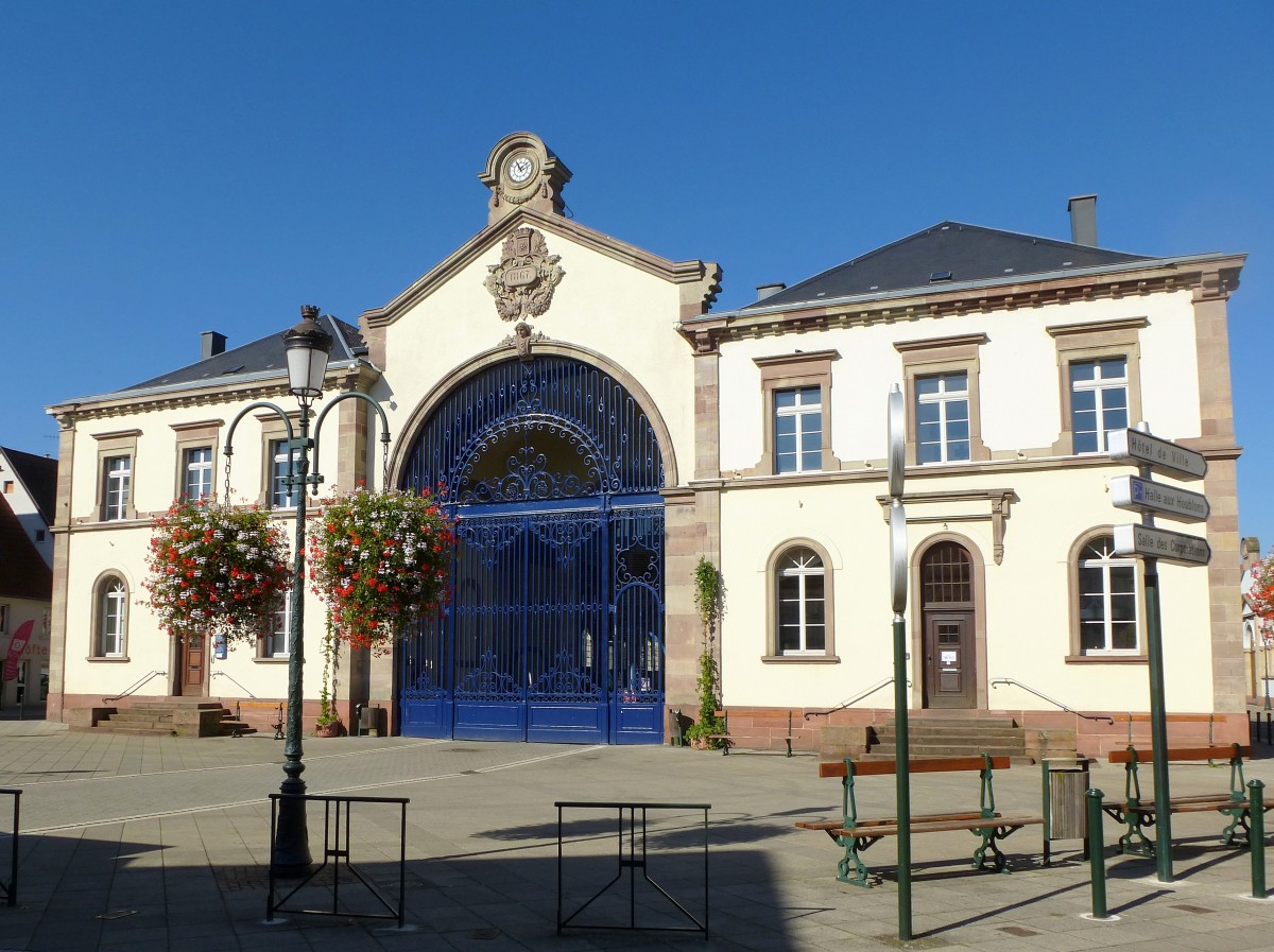 Hagenau, die Ostseite der 1867-81 erbauten Hopfenhalle, wird heute als Markthalle genutzt, Sept.2015