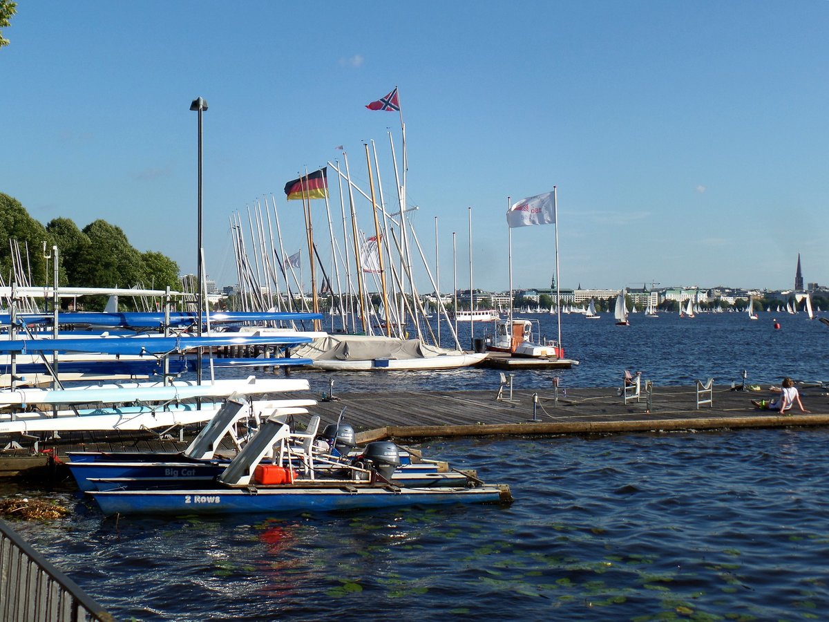 Hamburg am 18.7.2018: Blick vom Park Uhlenhorster Fhrhaus ber die Auenalster zum Stadtteil St. Georg, im Vordergrund die Steganlage der „Ruder-Gesellschaft Hansa eV“ und die Liegepltze des „Norddeutschen Regatta Verein“ (der dieses Jahr sein 150-jhriges Bestehen feiert) an der Strae „Schne Aussicht“ /