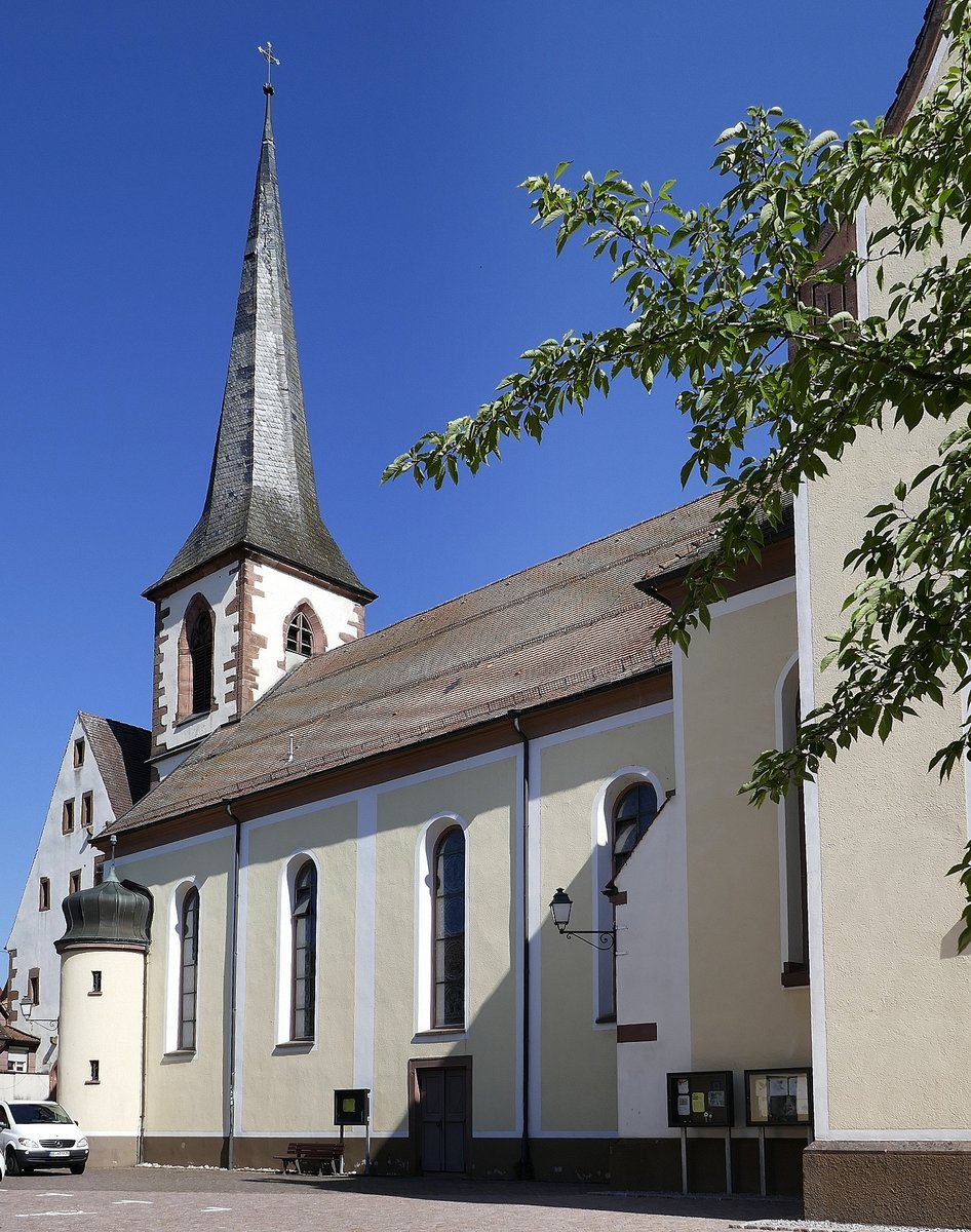 Haslach, der gotische Glockenturm der katholischen Stadtkirche stammt von 1481, Juni 2020