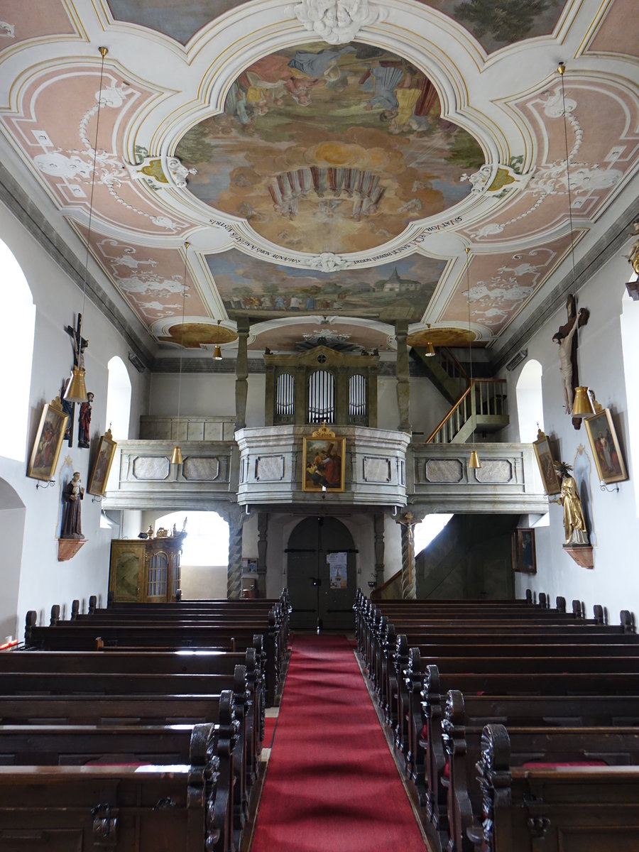 Halach, Orgelempore und Deckengemlde in der Wallf. Kirche St. Maria und Vierzehn Nothelfer (14.04.2017)