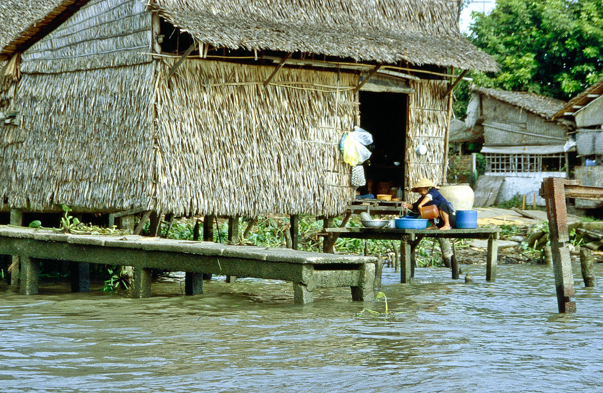 Haus auf Pfählen im Mekong Delta bei Cán Tho. Bild vom Dia. Aufnahme: Januar 2001.