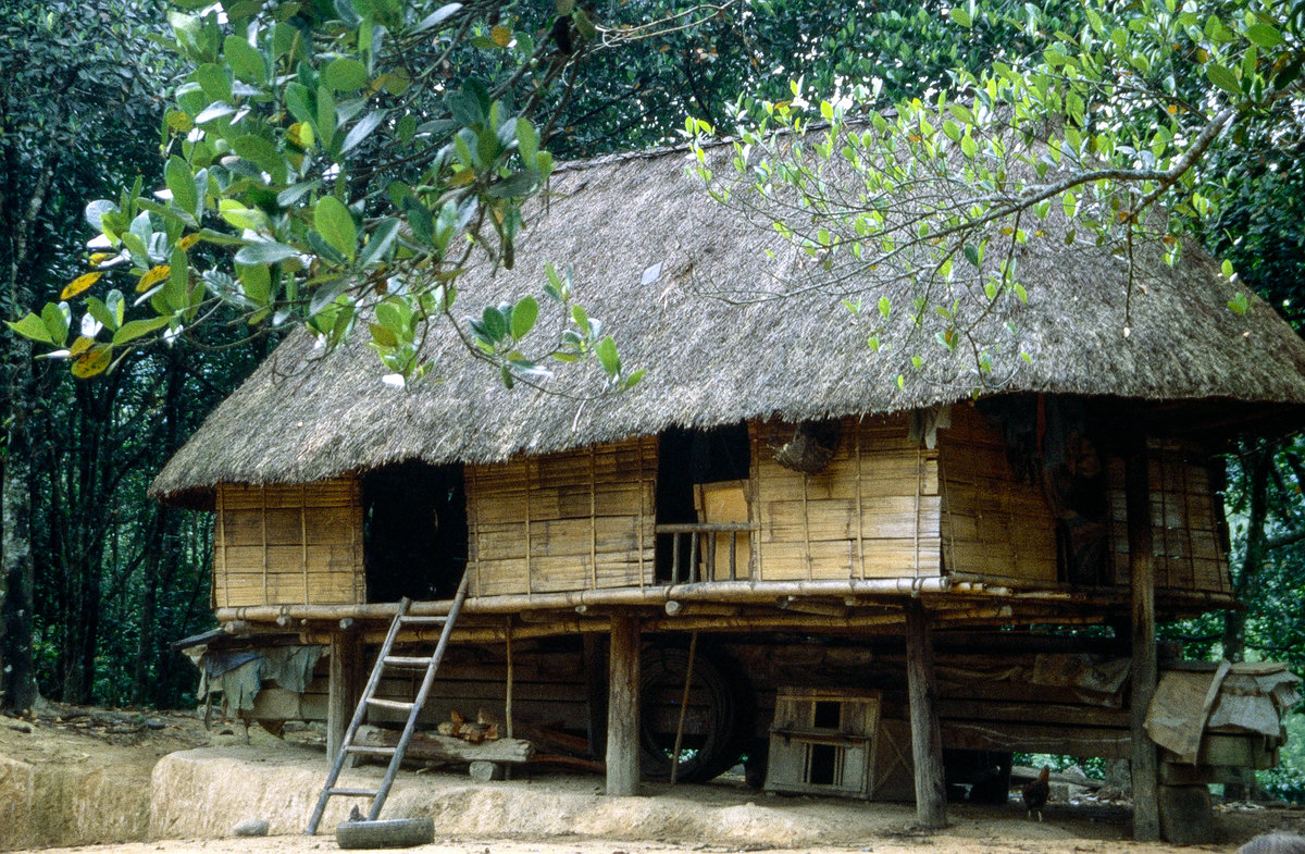 Haus von Bambus in Sara. Bild vom Dia. Aufnahme: Januar 2001.