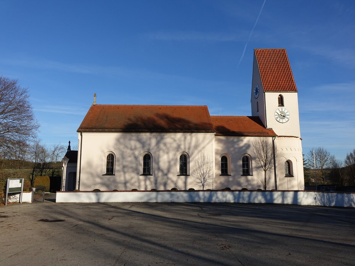 Hebrontshausen, Pfarrkirche St. Jakobus, sptromanische Chorturmkirche, erweitert 1856 (26.12.2015)